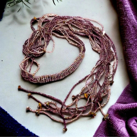 Purple AB Glass Seed Bead Tigers Eye Scarf Tie Lariat Torsade Necklace Headband - Picture 1 of 5
